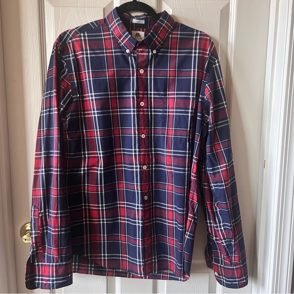 J. Crew Thomas Maison Collection Navy and Red Plaid Button Down Shirt, Large
